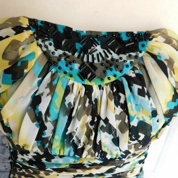 Max & Cleo Blue Yellow Multi Print Beaded Chiffon Strapless Maxi Gown Dress - 4 - Picture 8 of 9